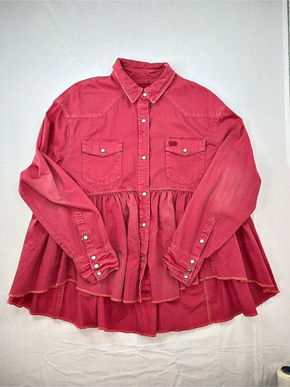 Free People pink button up shirt with ruffle hem and pockets #western #boho NWT